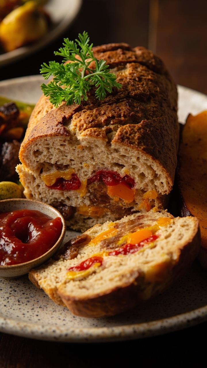 A loaf with visible bits of orange and red pepper and browned onion throughout, sliced on a speckled plate with a side of roasted vegetables, a small dish of ketchup, a sprig of parsley
