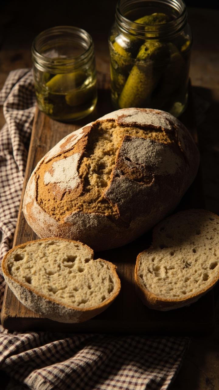 A rustic loaf with a slightly coarse texture on a wooden board, a thick slice showing flecks of oats, a small jar of pickles on the side, a checkered cloth under the board