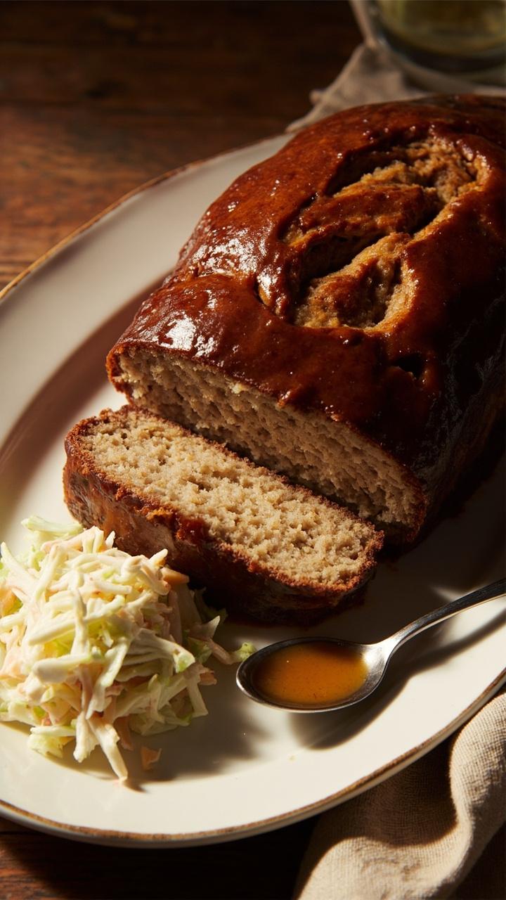 A loaf with a glossy dark brown sugar mustard glaze on a ceramic platter, one slice plated with a side of creamy coleslaw, a small spoon with extra glaze, a linen napkin