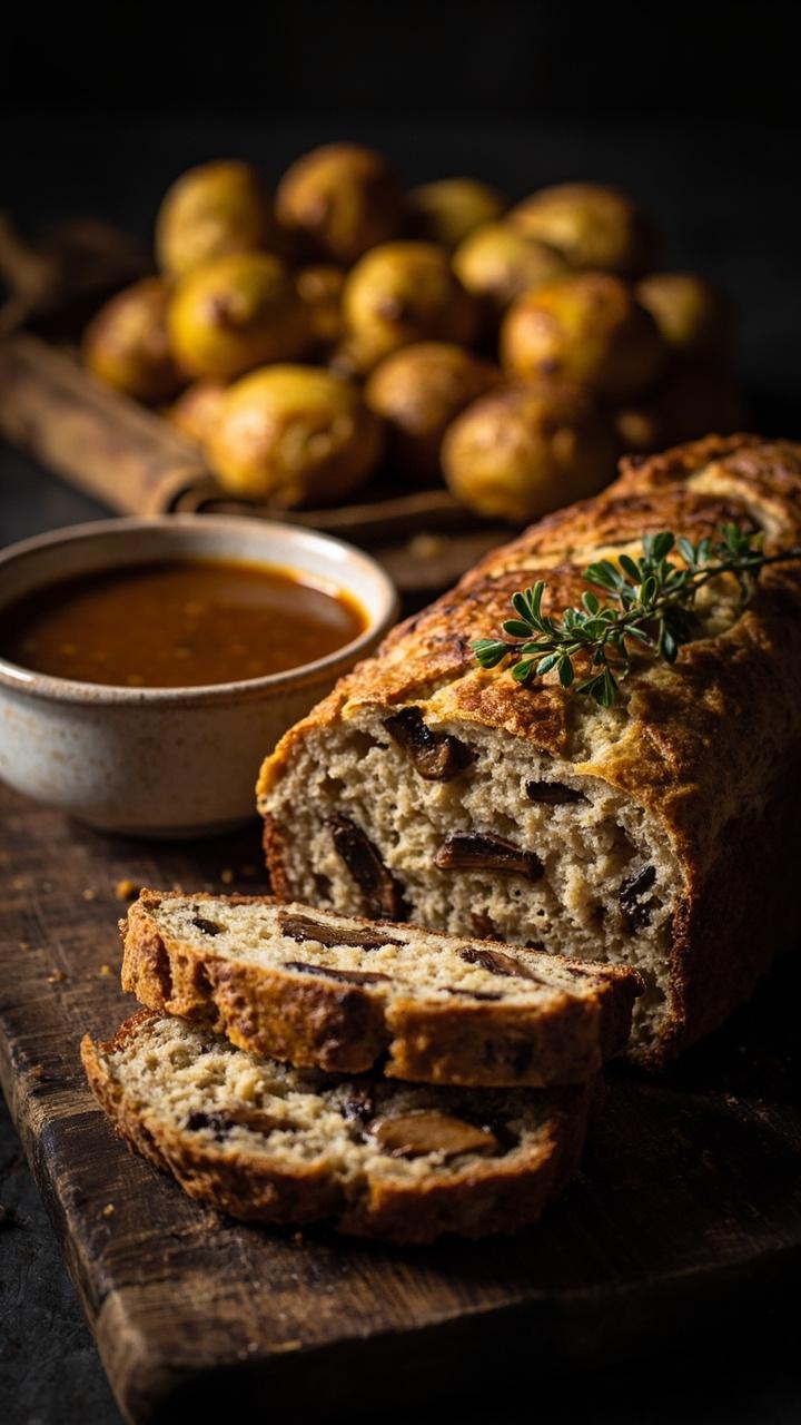 A loaf sliced with visible mushroom pieces and browned edges on a wooden board, a shallow bowl of brown pan gravy beside it, roasted potatoes in the background, a sprig of thyme