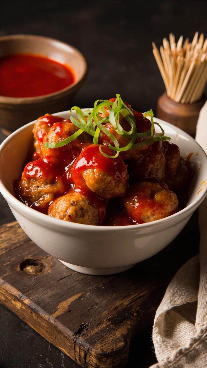 Golden brown meatballs coated in glossy red sweet and sour sauce piled in a shallow white ceramic bowl on a wooden board, small bowl of extra sauce beside them, scallion rings sprinkled on top, linen napkin and a stack of toothpicks at the edge