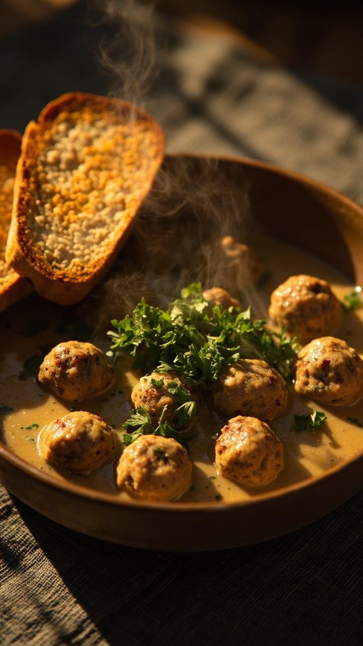 Small round meatballs nestled in pale tan cream gravy in a shallow bowl, a sprinkle of chopped parsley on top, rye toast points leaning against the bowl, soft warm lighting and a linen placemat