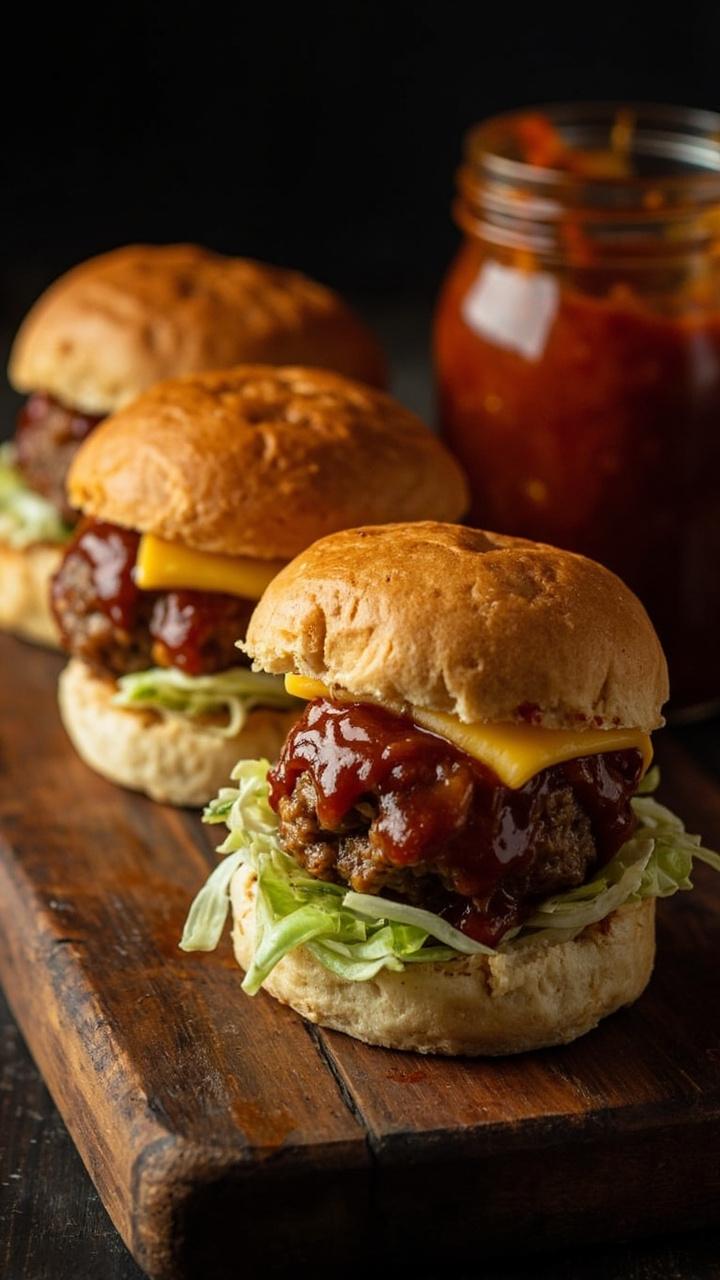 Three small slider buns each topped with a glossy BBQ glazed meatball, a slice of cheddar melting over the meat, a few leaves of shredded iceberg lettuce, arranged on a rectangular wooden board with a jar of extra BBQ sauce nearby