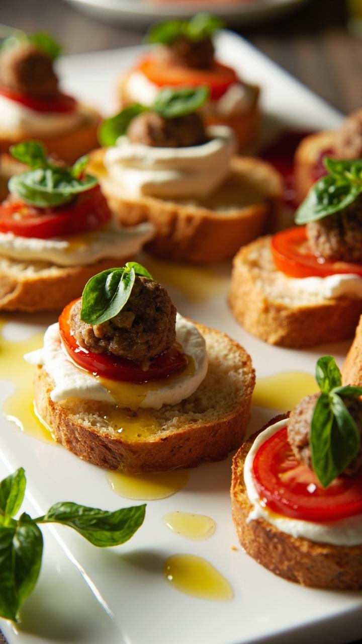 Toasted baguette slices topped with a small meatball, a thin slice of fresh mozzarella, halved cherry tomato, and a basil leaf, drizzled lightly with olive oil and scattered on a white platter with a few basil leaves around