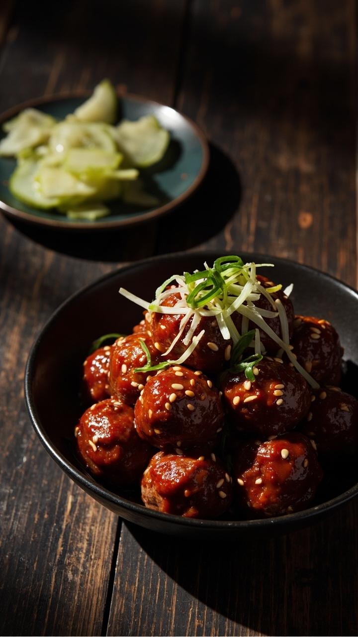 Round meatballs glazed in deep red gochujang sauce stacked in a shallow black bowl, sprinkled with toasted sesame seeds and thinly sliced green onions, a small dish of pickled cucumber on the side, dark wooden table underneath