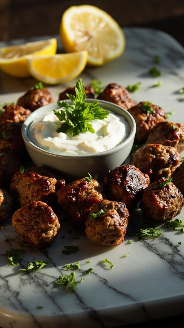 Small golden brown lamb meatballs arranged around a shallow bowl of creamy yogurt dip with mint leaves on top, lemon wedges to the side, a rustic marble serving board and a sprinkle of chopped parsley