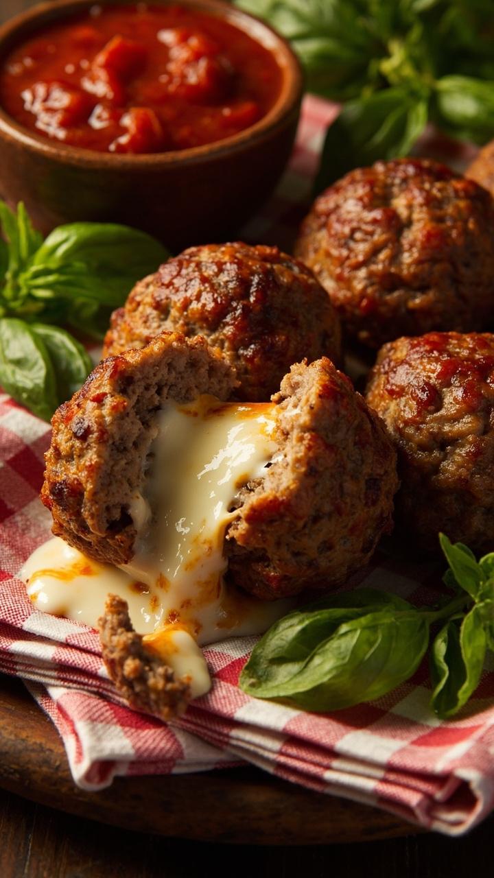 Round meatballs with a crack revealing oozing melted mozzarella on a red checkered napkin, a small bowl of marinara nearby for dipping, sprigs of basil scattered around