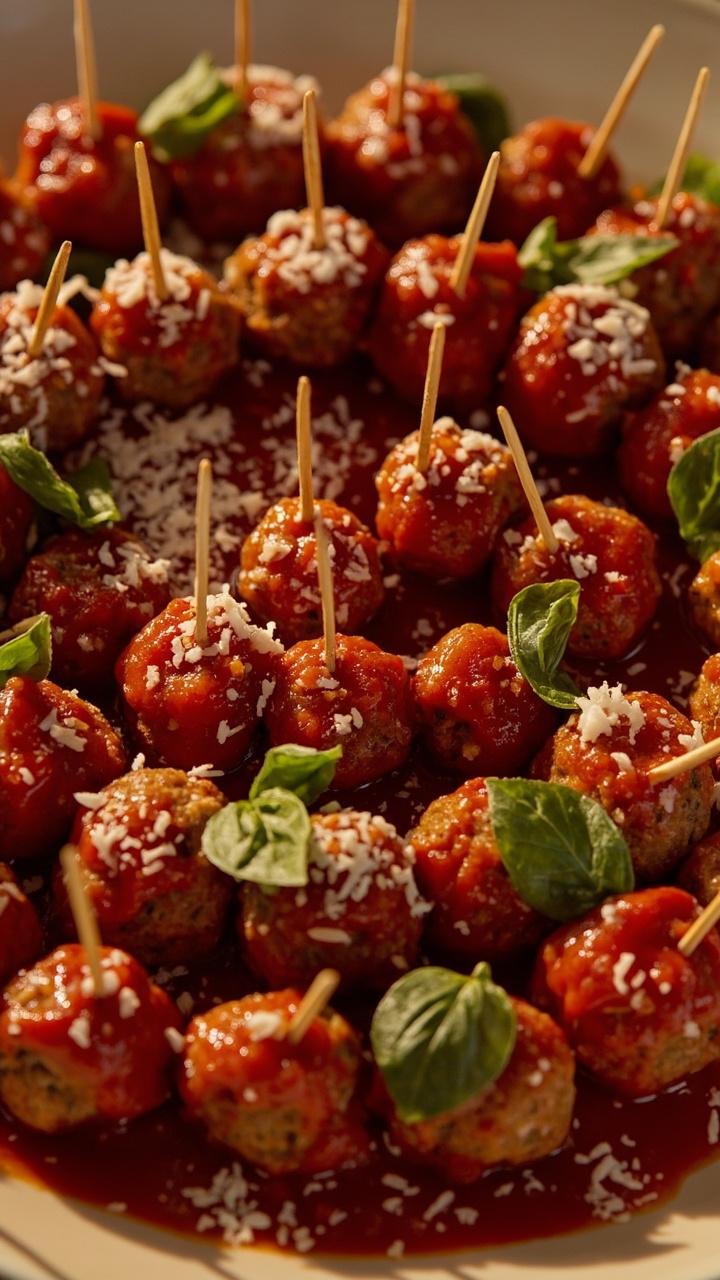 Small meatballs coated in red marinara and a dusting of grated Parmesan, skewered with small wooden picks and arranged in concentric circles on a ceramic plate, a few basil leaves scattered for color