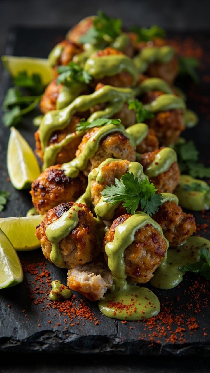 Golden chicken meatballs drizzled with pale green avocado crema, lime wedges on the side, cilantro leaves scattered, served on a rectangular slate board with a light dusting of chili powder