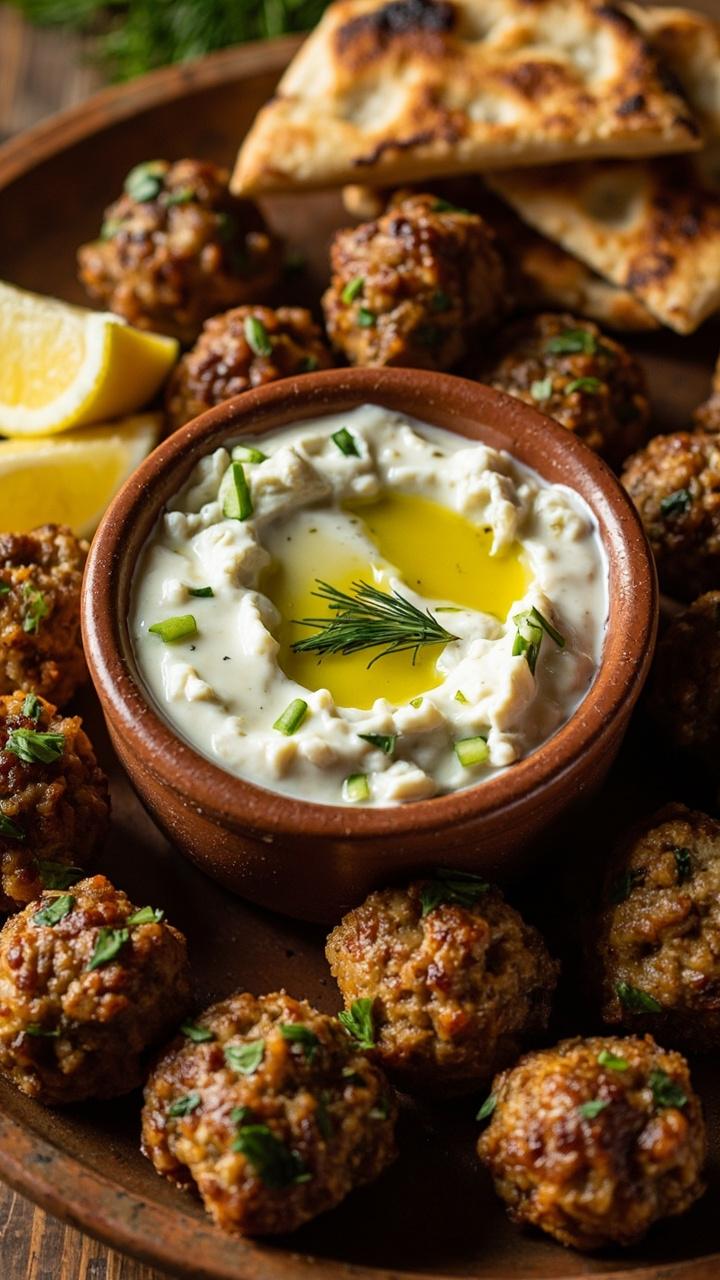 Meatballs flecked with herbs and crumbled feta arranged around a bowl of cool tzatziki made with cucumber and dill, lemon wedges and pita triangles on the side, olive oil drizzle visible on the sauce surface