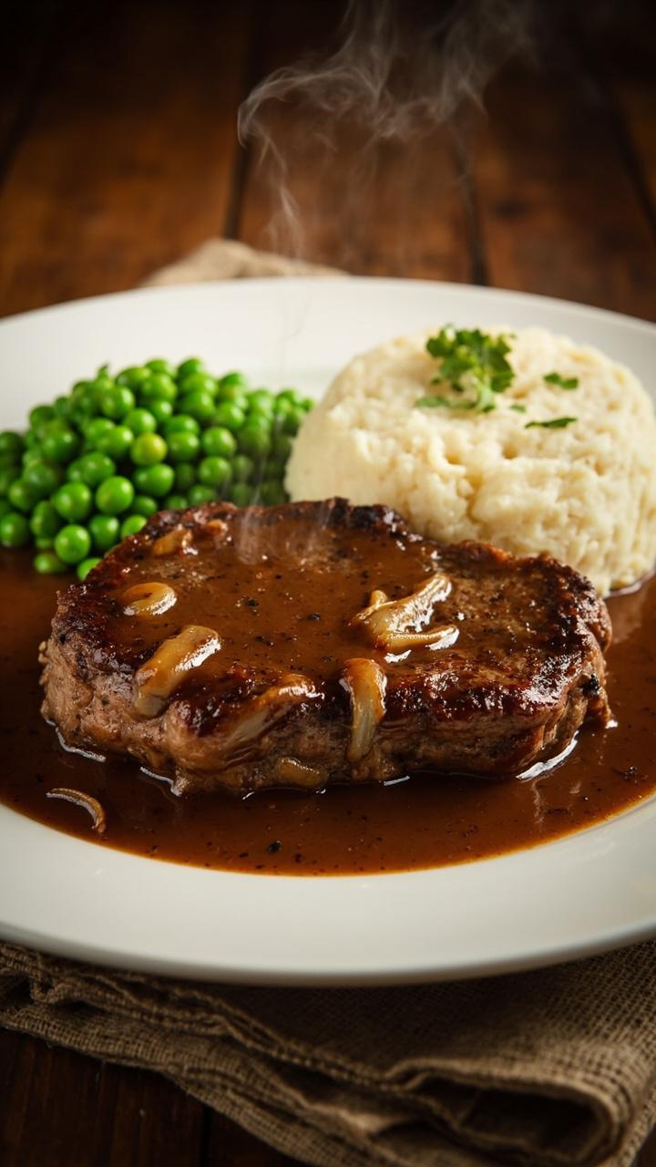 A thick hamburger steak on a white dinner plate, glossy brown onion gravy pooled around it, a scoop of creamy mashed potatoes beside the steak, a small mound of buttered green peas, a sprinkle of chopped parsley, rustic napkin under the plate