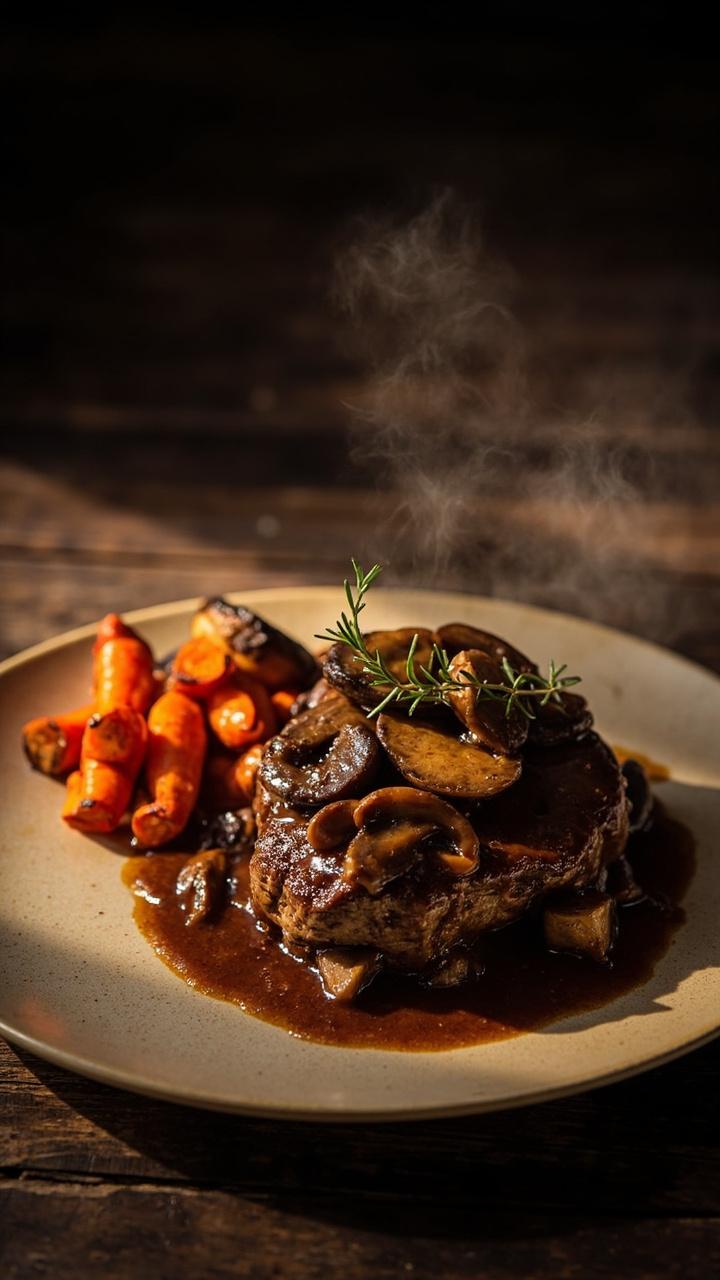 A hamburger steak smothered in a glossy mushroom and red wine gravy on a shallow beige plate, sautéed cremini mushrooms visible in the sauce, a side of roasted baby carrots, a sprig of thyme on top, dark wood table surface