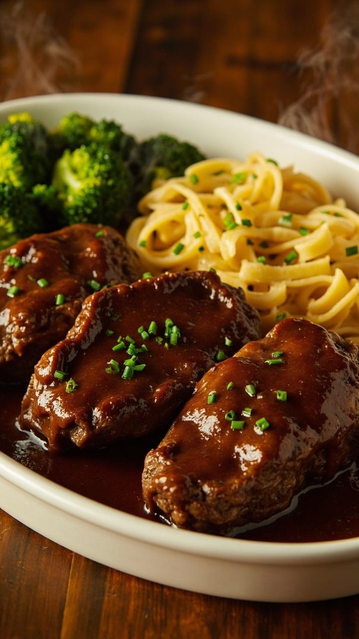 Two oblong hamburger steaks on a shallow white bowl, thick brown gravy covering them, small mound of buttered egg noodles beside the steaks, steamed broccoli florets, a dusting of chopped chives