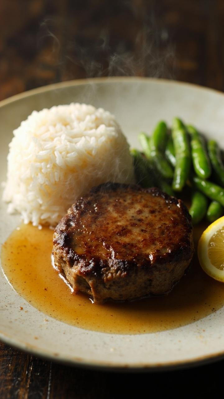 A round hambagu patty on a shallow ceramic plate, light brown dashi based gravy spooned over, a small mound of steamed white rice beside it, blanched green beans, a slice of lemon on the side