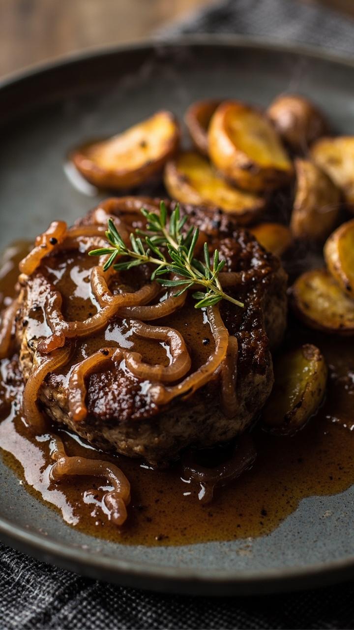 A hamburger steak covered in dark caramelized onion gravy on a matte gray plate, visible strands of dark brown onions, a side of roasted fingerling potatoes, a sprig of fresh thyme on top, linen napkin underneath