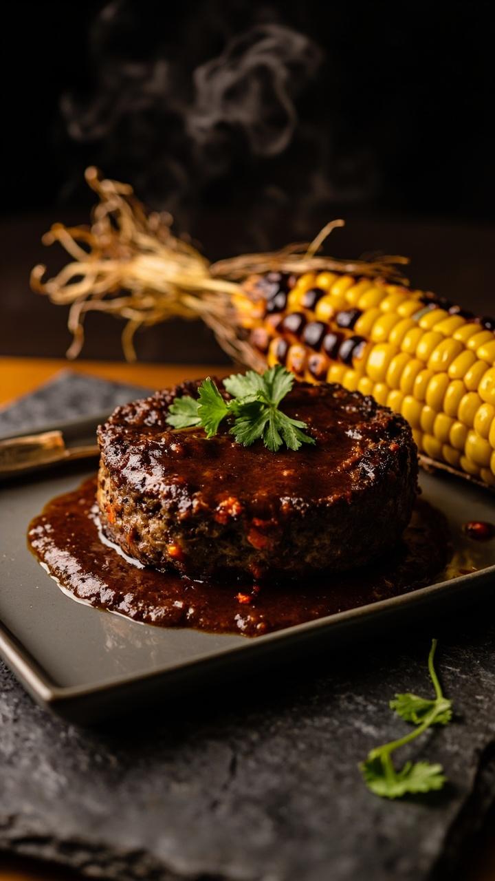 A hamburger steak with dark peppery gravy on a rectangular plate, tiny flecks of red chipotle visible in the patty, charred corn on the cob half beside it, cilantro leaves for garnish, slate placemat