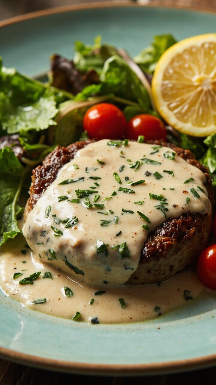 A turkey hamburger steak on a pastel blue plate topped with a pale herb gravy, visible flecks of chopped parsley and thyme in the gravy, a side salad of mixed greens and cherry tomatoes, lemon wedge on the rim
