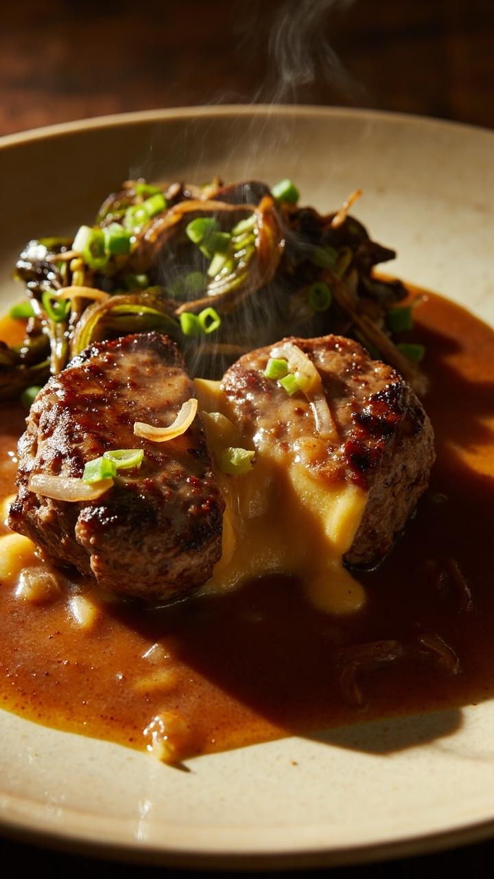 A hamburger steak with a cut revealing melted cheddar oozing out, brown onion gravy pooled around it on a cream colored plate, roasted Brussels sprouts beside it, a sprinkle of chopped scallion