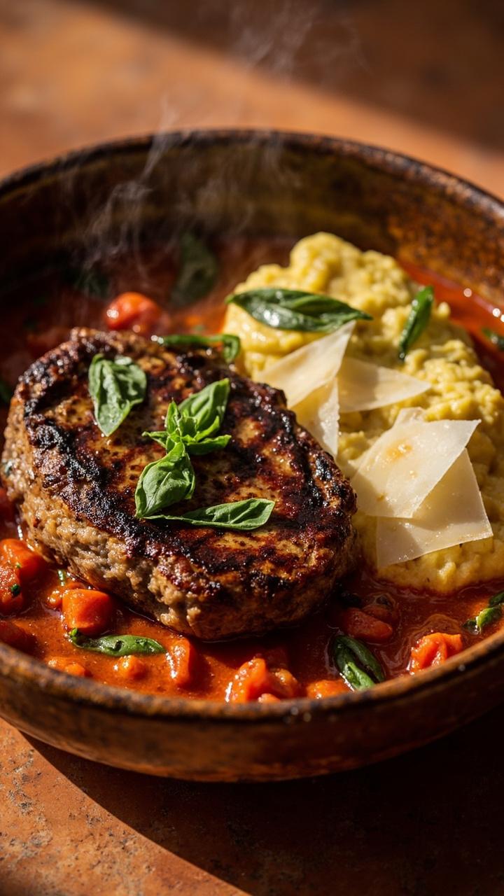 A hamburger steak nestled in a bowl of chunky tomato gravy with basil leaves scattered on top, a side of creamy polenta or buttered pasta, shaved Parmesan on the edge, terracotta table surface