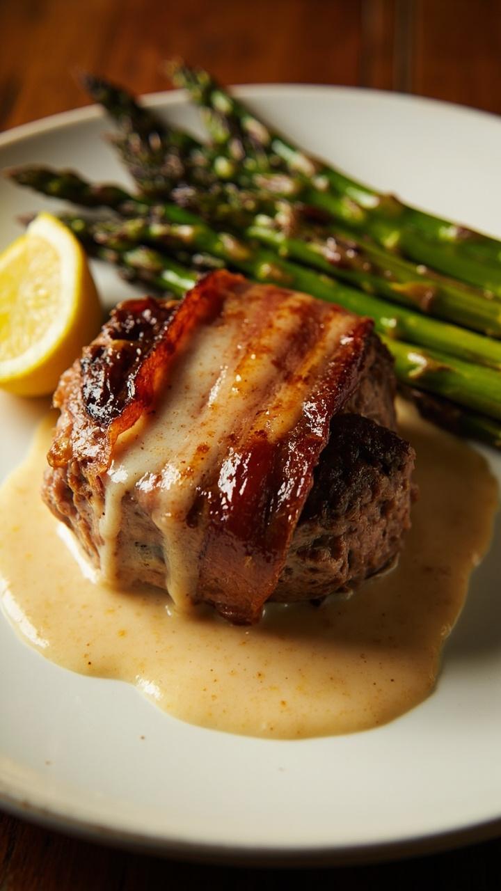A bacon wrapped hamburger steak with visible crisp bacon edges on a white plate, pale mustard gravy draped over and around it, roasted asparagus spears on the side, a lemon wedge for brightness