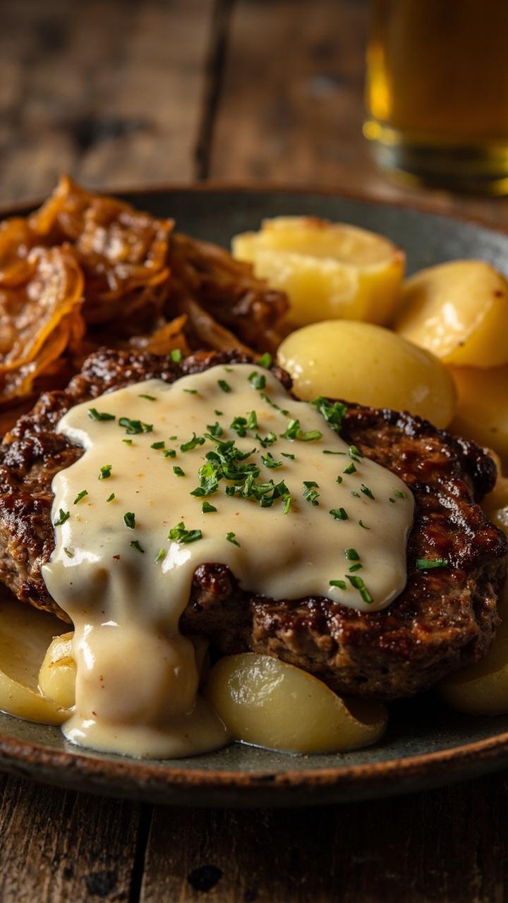 A hamburger steak topped with melted Swiss cheese and pale white wine gravy drizzled over, boiled baby potatoes beside it, thinly sliced caramelized onions visible, chopped parsley garnish, farmhouse table