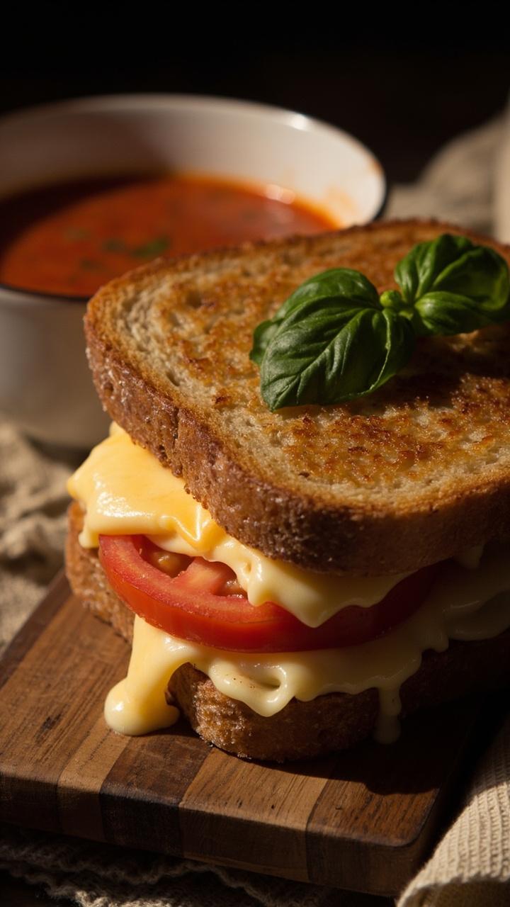 Golden brown sandwich on a small wooden board. Melted pale yellow cheddar oozes from between two slices of toasted bread. A thin slice of red tomato peeks out with a bright green basil leaf on top. A linen napkin and a small bowl of tomato soup sit beside the board.