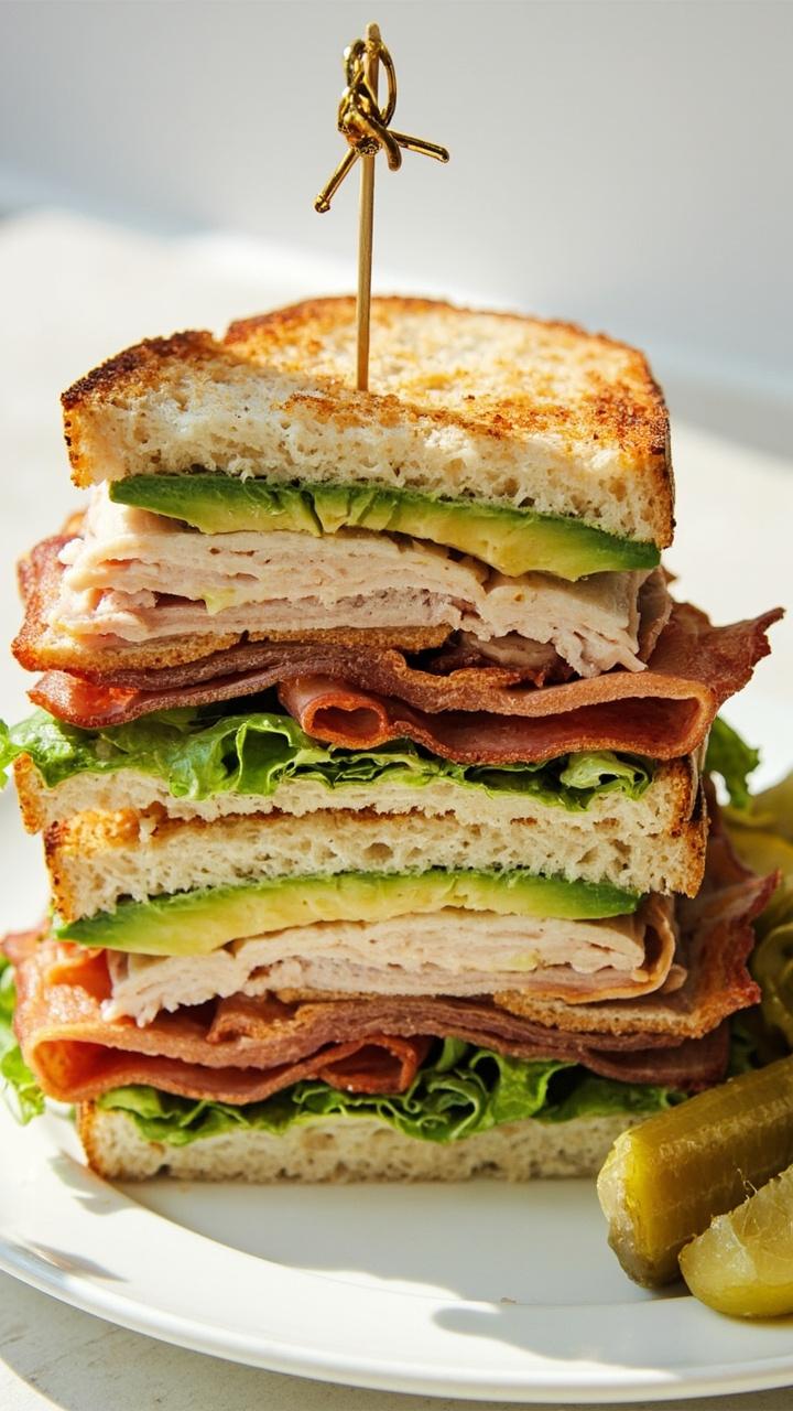 Triple-decker sandwich cut diagonally on a white plate. Layers show slices of turkey, bright green avocado, crispy golden-brown bacon, and lettuce. A small pile of dill pickles sits next to the sandwich. Wooden toothpicks hold the halves together.