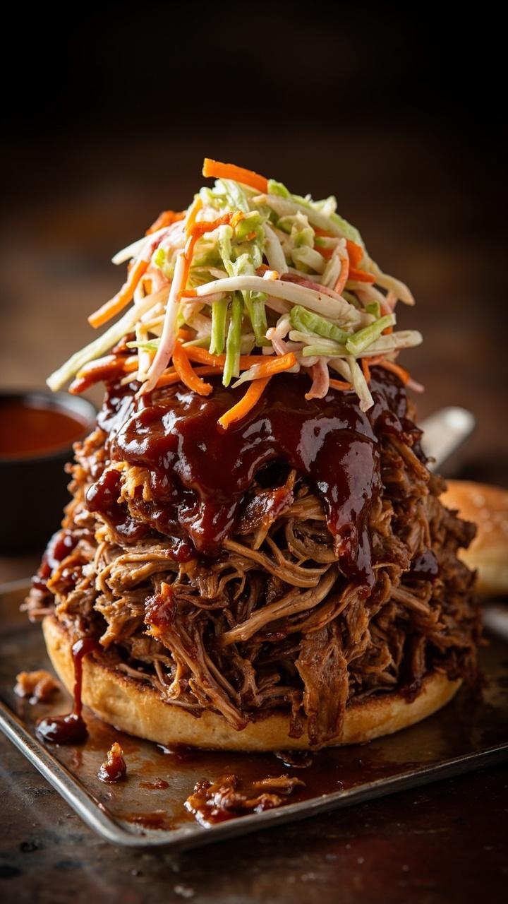 Pile of tender shredded pork on a soft brioche bun. Glazed barbecue sauce coats the meat. A small mound of crunchy coleslaw sits on top or to the side. A metal tray and a small ramekin of extra sauce are nearby.