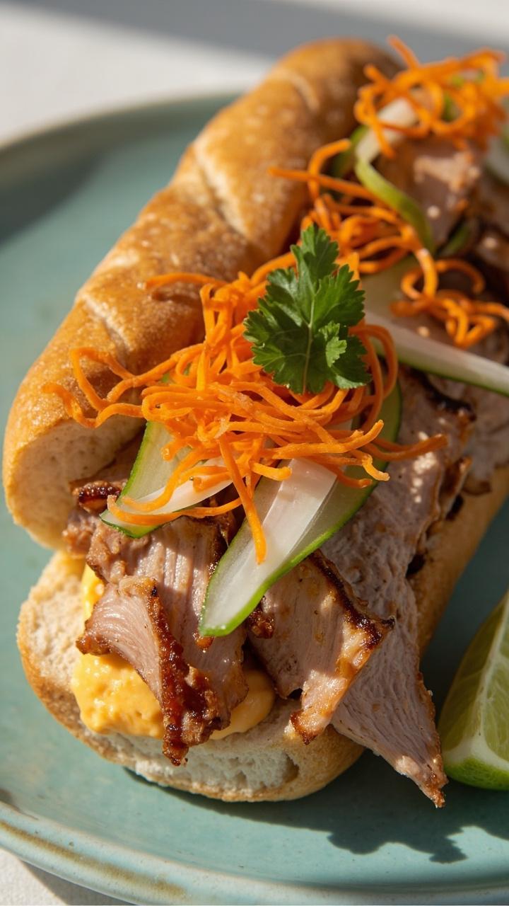 Crispy baguette sliced open and filled with thinly sliced grilled pork, julienned pickled carrots and daikon, fresh cilantro sprigs, cucumber slices, and a spread of spicy mayo. Sandwich rests on a light blue plate with a wedge of lime.
