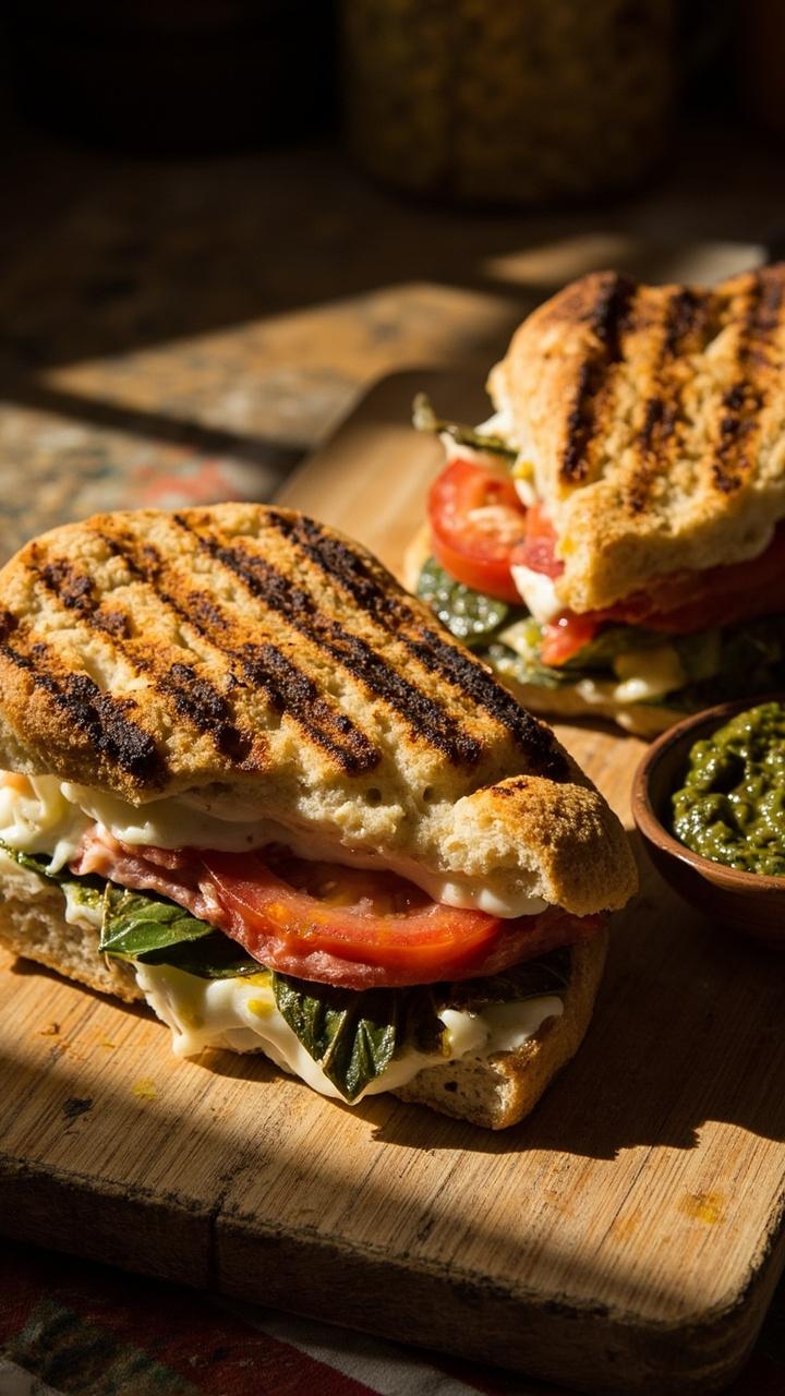 Pressed panini with charred grill marks on rustic ciabatta. Visible layers of fresh mozzarella, thick red tomato slices, bright green pesto, and basil leaves. Cut in half on a wooden board with a small dish of extra pesto.