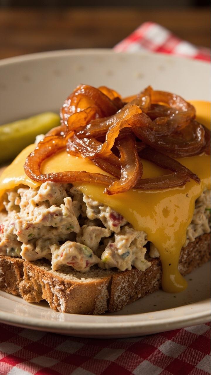 Open-faced sandwich on sourdough with creamy tuna salad topped by melted golden cheddar and a ribbon of glossy caramelized onions. Plate sits on a checkered napkin with a dill pickle spear on the side.