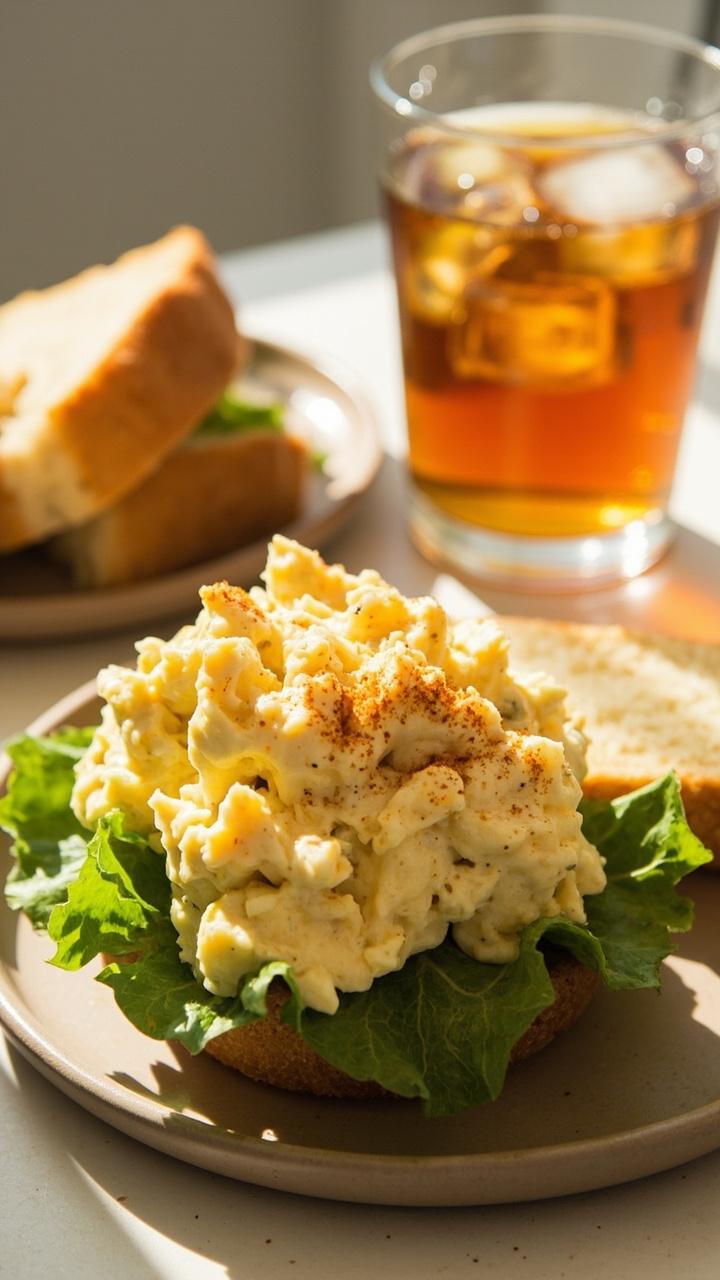 Creamy pale yellow egg salad piled on soft potato bread with crisp green lettuce. A sprinkle of smoked paprika tops the filling. Sandwich sits on a small plate with a glass of iced tea in the background.