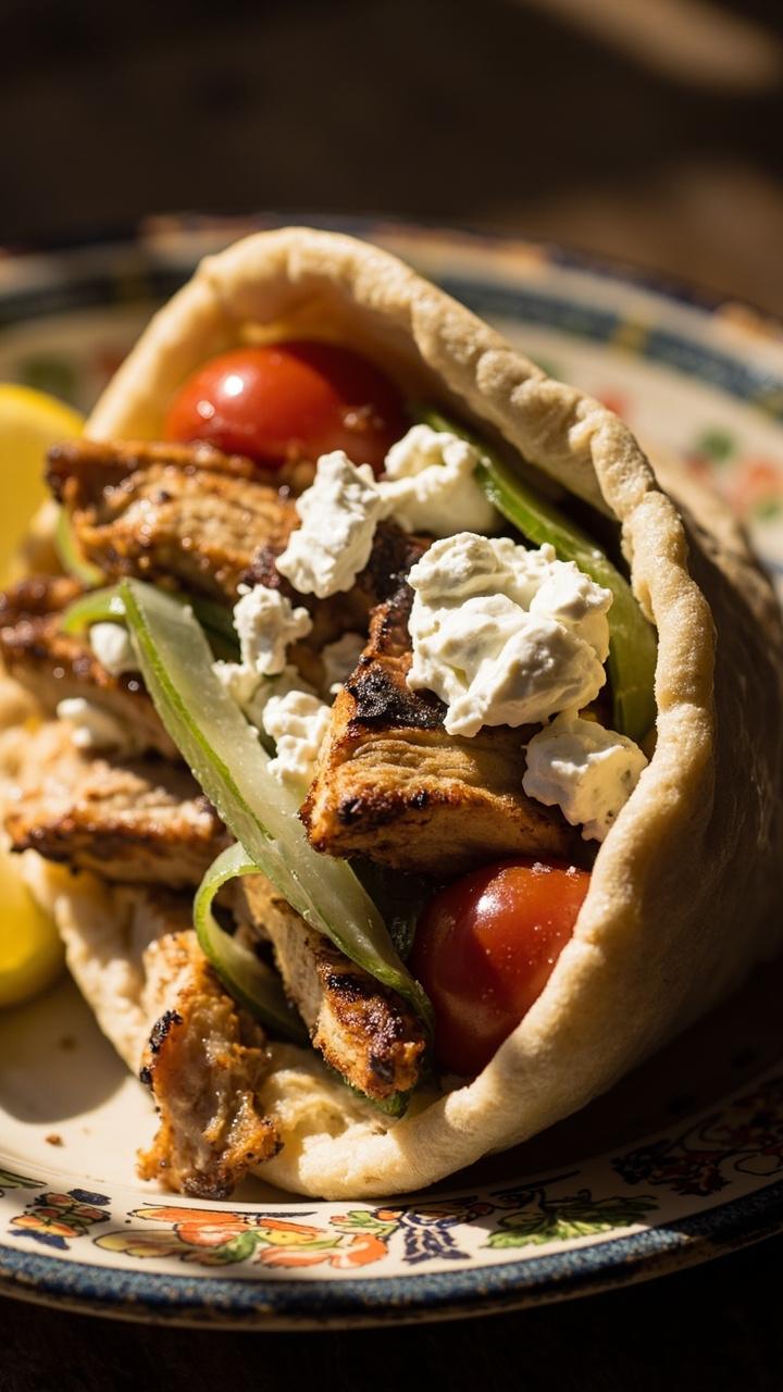 Half-open pita pocket filled with sliced grilled chicken, dollops of white tzatziki, thin cucumber ribbons, cherry tomato halves, and crumbled feta. Sandwich sits on a patterned plate with a lemon wedge.