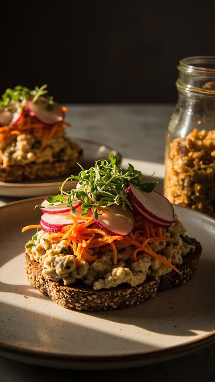 Open sandwich on whole grain bread with chunky mashed chickpea salad, thinly sliced radishes, shredded carrot, and microgreens. A ceramic plate and a glass jar of extra chickpea salad sit nearby.