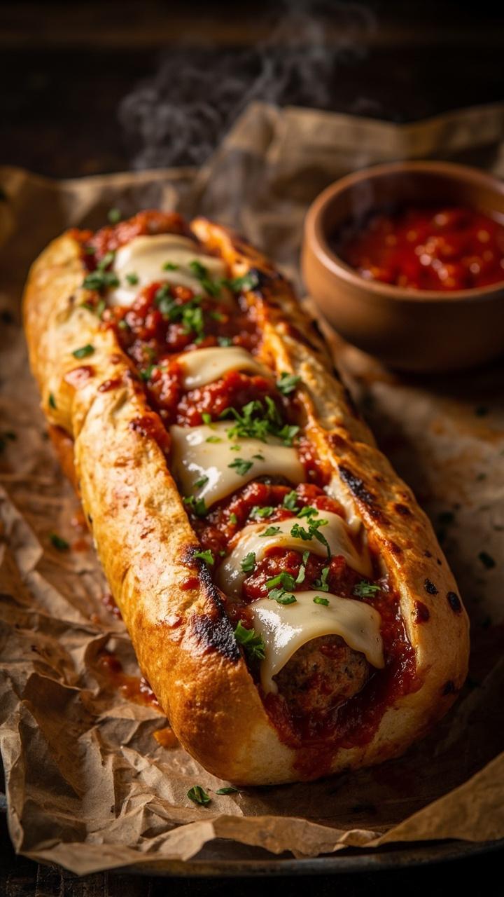Toasted hoagie roll filled with round meatballs smothered in red marinara and melted provolone. A sprinkle of chopped parsley on top. Sandwich rests on a sheet of parchment paper with a small bowl of extra sauce.