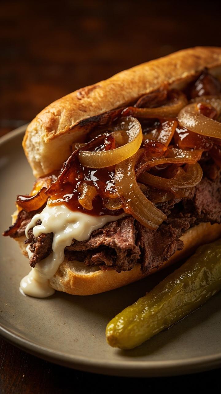 Long hoagie roll stuffed with thin ribbons of seared beef, melted provolone, and caramelized onions. Meat juices gloss the bread. Sandwich sits on a simple plate with a pickle spear.