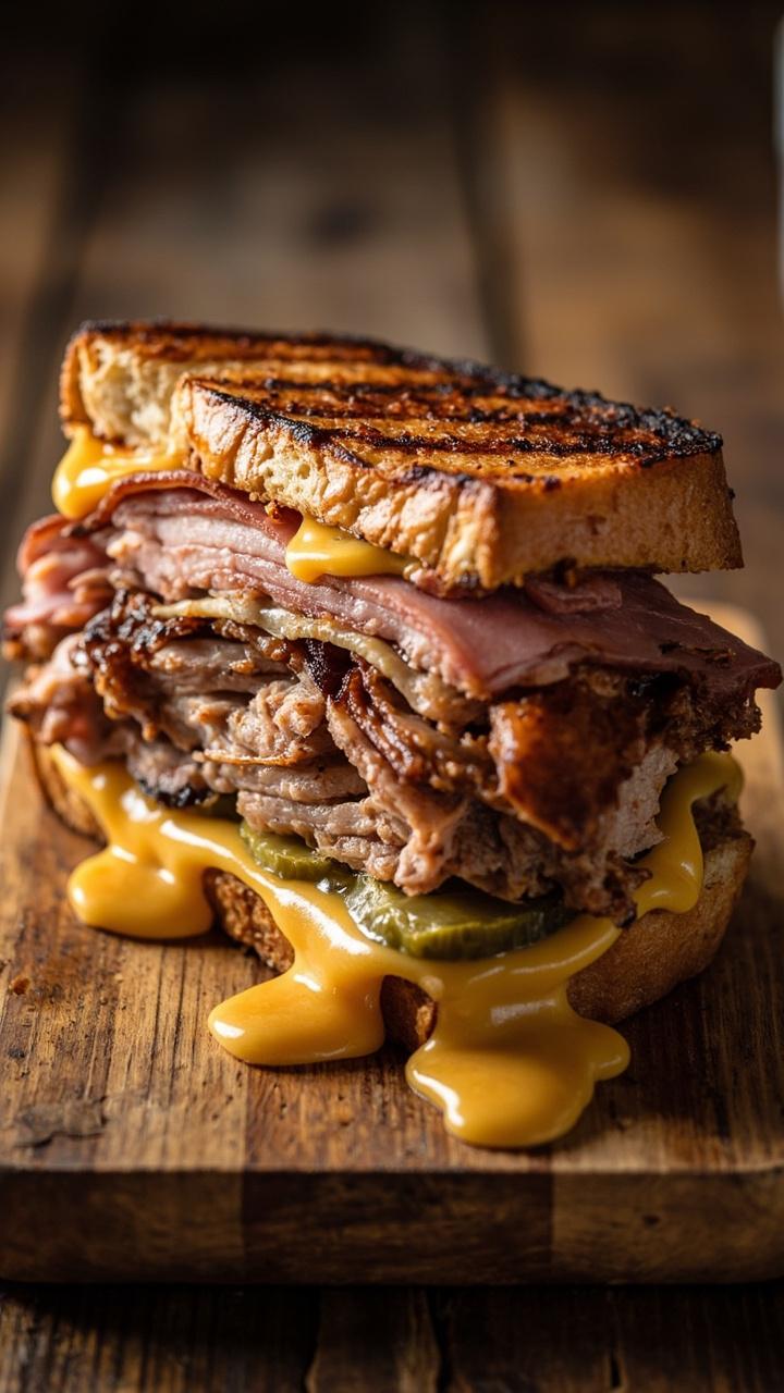Pressed Cuban sandwich with visible layers of roasted pork, thin ham slices, melted Swiss cheese, and bright pickle slices. The bread is crisp and golden, cut diagonally on a wooden board.