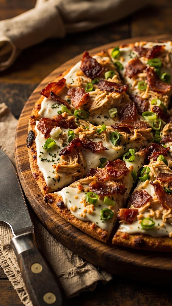 Thin golden crust on a round wooden board. White ranch base visible under shredded chicken and crumbled bacon. Scattered chopped green onion and a light sprinkle of chopped parsley. A small linen napkin and a pizza cutter nearby.