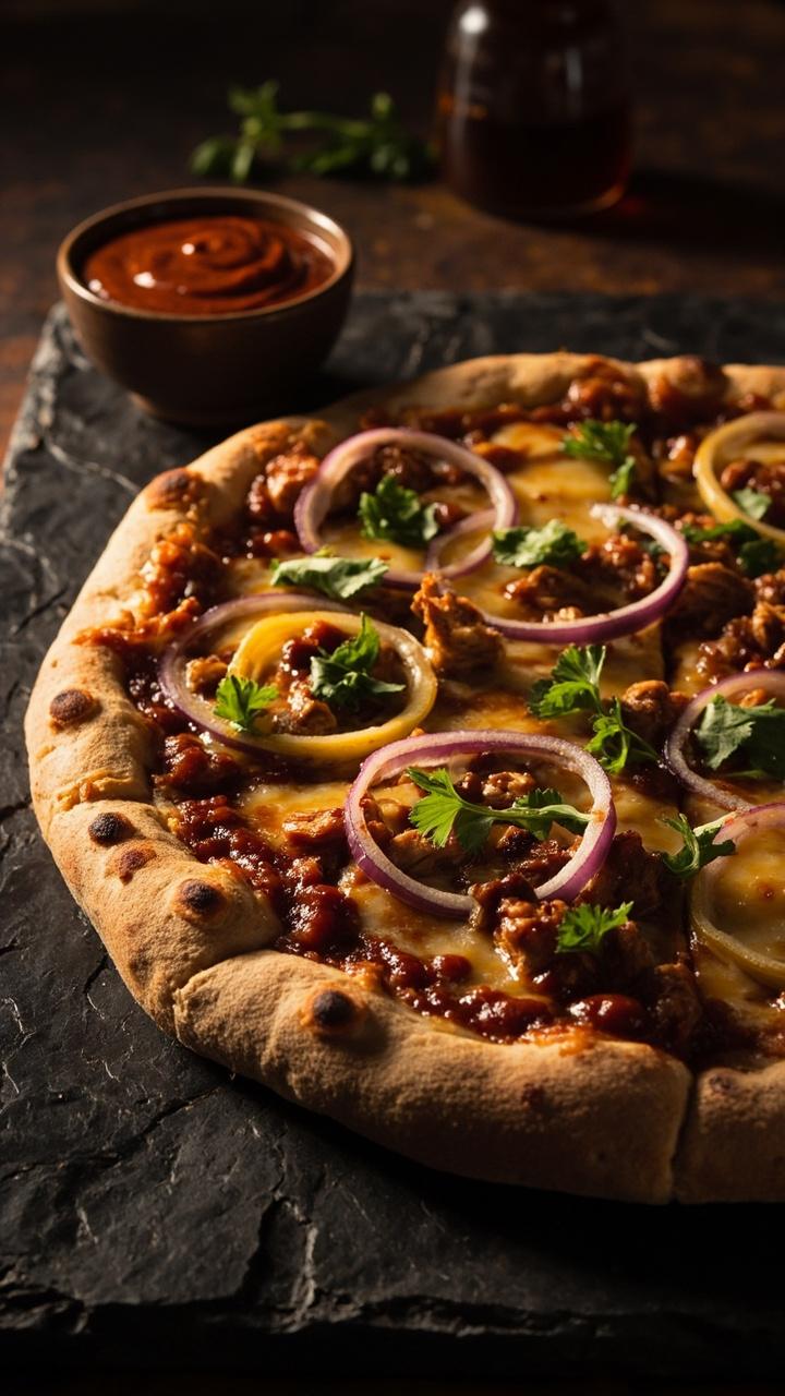 Thick crust pizza on a dark slate board. Deep mahogany BBQ sauce peeking under melted cheddar and shredded chicken. Thin crescent slices of red onion and bright cilantro leaves scattered on top. A small bowl of extra BBQ sauce at the edge.
