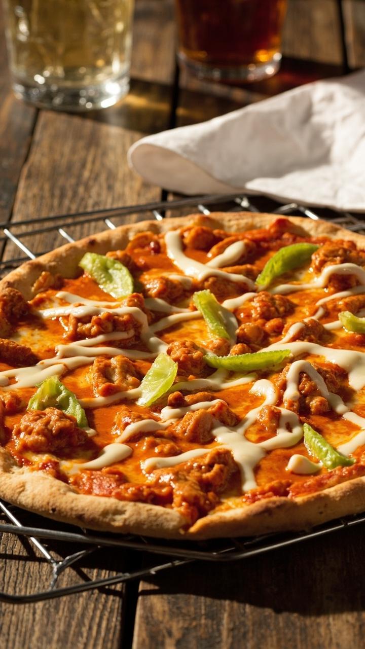 Thin crust pizza on a wire cooling rack over a wooden table. Bright orange buffalo sauce coated chicken on a bed of melted mozzarella. Thin streaks of pale blue cheese drizzle and a few celery leaves as garnish. Crumpled napkin and a cold drink glass in the background.