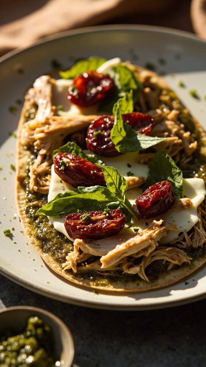 Thin golden crust on a white ceramic plate. Bright green pesto smeared under shredded chicken and melted mozzarella. Halved sun dried tomatoes and a few torn basil leaves on top. A small spoon of extra pesto at the side.