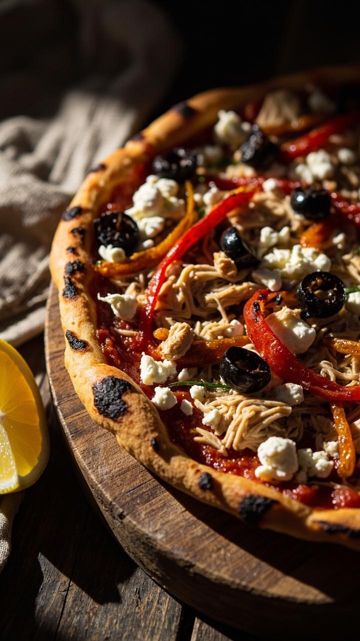 Rustic pizza on a round wooden board. Light layer of tomato sauce under shredded chicken and scattered crumbled white feta. Black olive slices and thin ribbons of red pepper. A lemon wedge and linen napkin nearby.