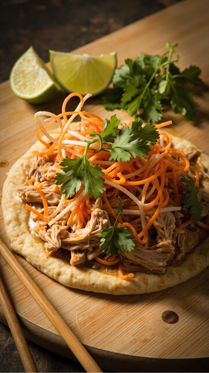 Round pizza on a light bamboo board. Smooth tan peanut sauce under shredded chicken and thin carrot ribbons. Garnished with cilantro leaves and lime wedges on the side. A pair of wooden chopsticks rests in the frame.