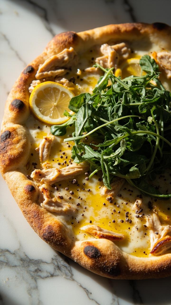 Thin rustic crust on a marble slab. Thin slices of lemon tucked under melted mozzarella and shredded chicken. Fresh arugula piled in the center with a light drizzle of olive oil. Cracked pepper visible on the greens.