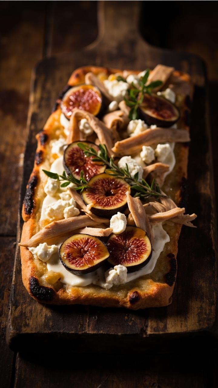 Rectangular flatbread on a wooden board. Dark purple fig slices and white goat cheese crumbles over a light layer of mozzarella. Thin ribbons of roasted chicken and a drizzle of honey. A sprig of thyme for garnish.