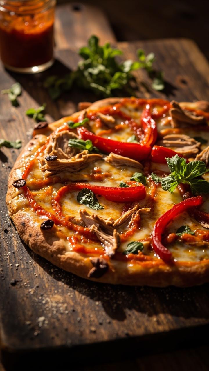 Round pizza on a dark wooden board. Deep orange harissa streaks under melted cheese and roasted red pepper strips. Shredded chicken with a slight char and small mint leaves for color contrast. A jar of harissa paste in the background.