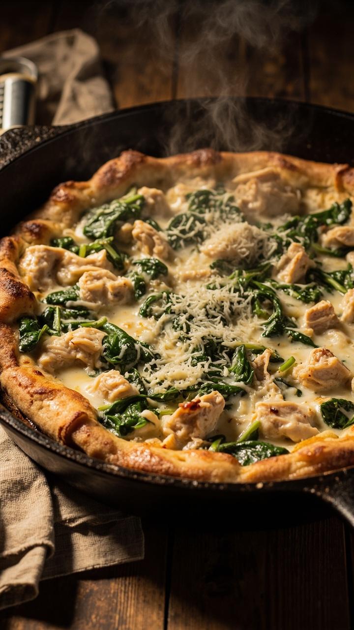 Round pizza on a cast iron skillet. Pale creamy Alfredo sauce under melted mozzarella and shredded chicken. Patches of wilted bright green spinach and a light dusting of grated Parmesan. A small grater and napkin nearby.
