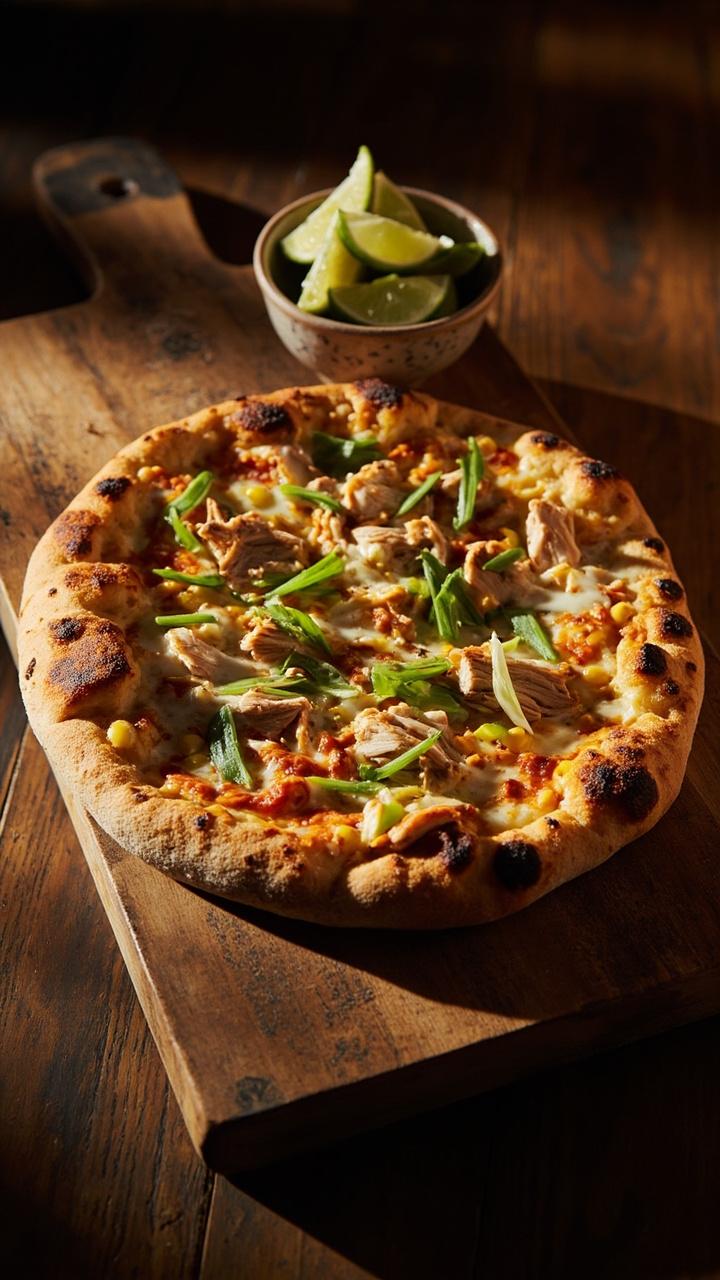 Round pizza on a wooden board. Slightly charred corn kernels and orange chipotle sauce under melted cheese. Shredded chicken with a light brown sear and thinly sliced scallions scattered on top. A small bowl of lime wedges at the side.