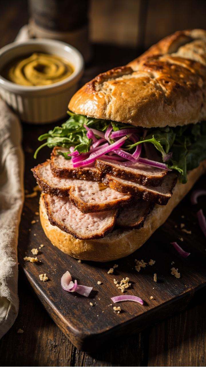 Sliced golden seared pork tenderloin layered on toasted ciabatta bread with bright pink pickled onions and green arugula leaves. The sandwich sits on a wooden board with a small ramekin of grainy mustard and a linen napkin nearby. Crumbs and a few scattered onion slices add a lived in look.