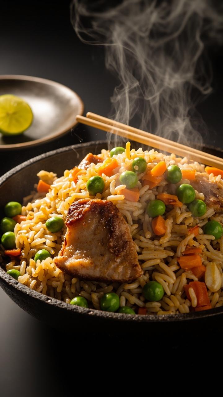 A shallow skillet piled with glossy fried rice studded with green peas orange carrot bits and bite sized slices of pork. A pair of chopsticks rests on the skillet rim and a wedge of lime sits nearby on a plain ceramic plate. Steam rises gently and the rice looks slightly caramelized.